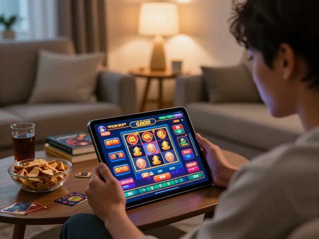 Engaging online gaming session showcasing slot gacor with cozy home ambiance for responsible gambling.