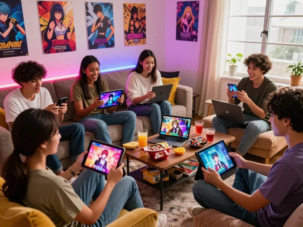 Interactive sex games experience with diverse players enjoying vibrant atmosphere and modern devices.