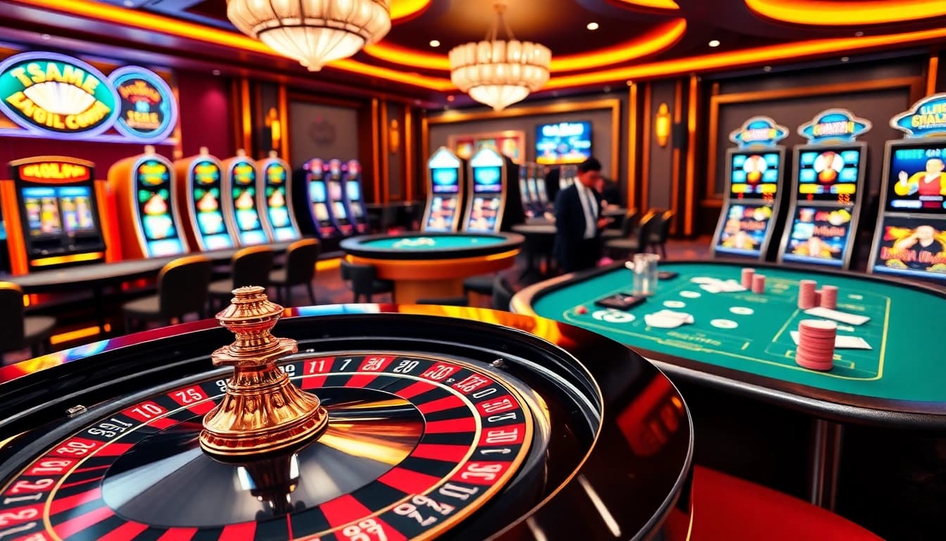 Engaging scene of gamblers at the Ee88 casino with roulette, poker, and vibrant slot machines.