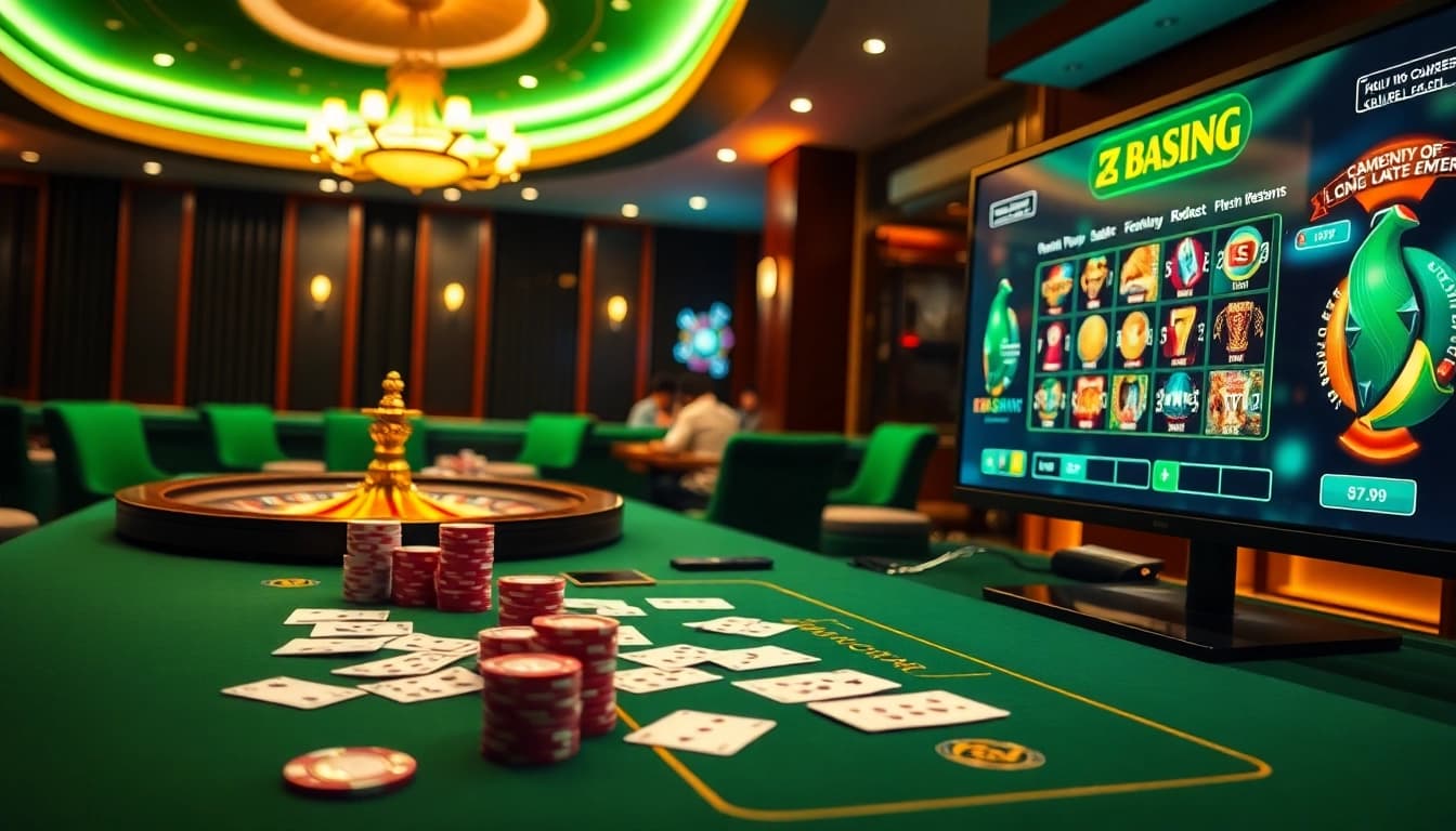 Engaging EK333 online casino scene with poker chips, cards, and a roulette wheel in action.