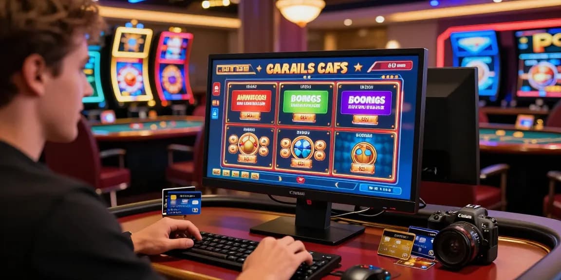 Excited player engaging with online games at casinos that accept credit cards, showcasing vibrant promotions and credit card options.