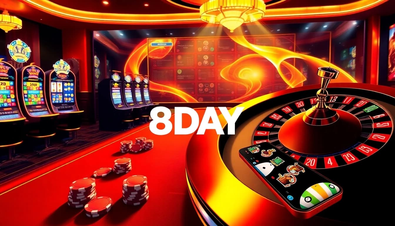 Experience luxury gaming at 8DAY with vibrant casino tables, spinning roulette wheels, and jackpot slots.