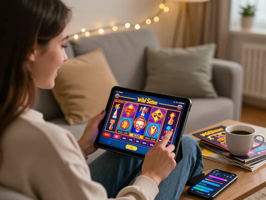 Player enjoying Wild Sultan Casino on a tablet with colorful slot graphics in a cozy setting.