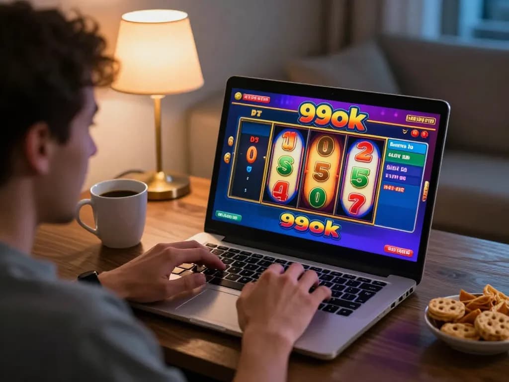 Excited player engaging with online slots on 99ok platform from home, showcasing fun gameplay atmosphere.