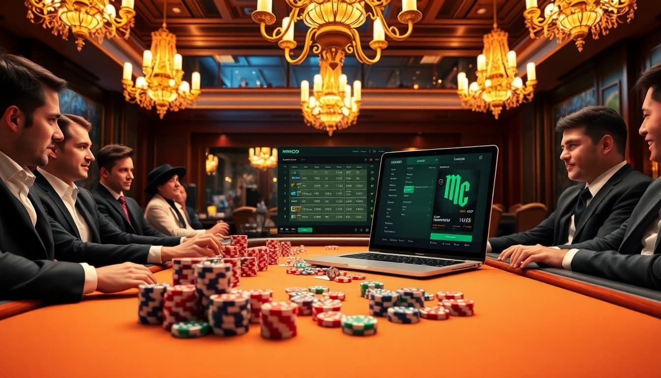 Excited players engaging in gambling at the MMOO casino table with vibrant poker chips and dice.