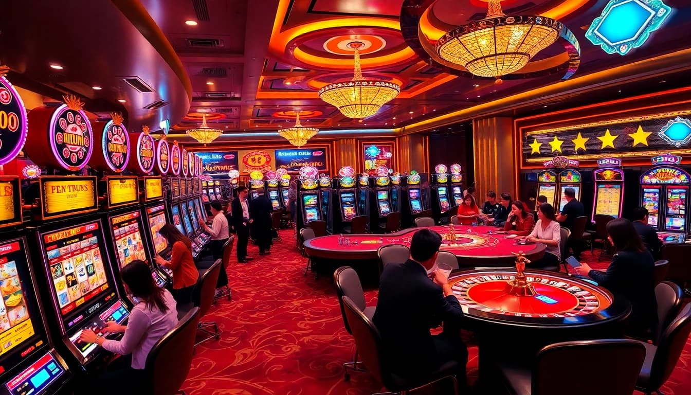Nổ Hũ Đổi Thưởng players celebrate wins at a vibrant casino scene with slot machines and poker tables.