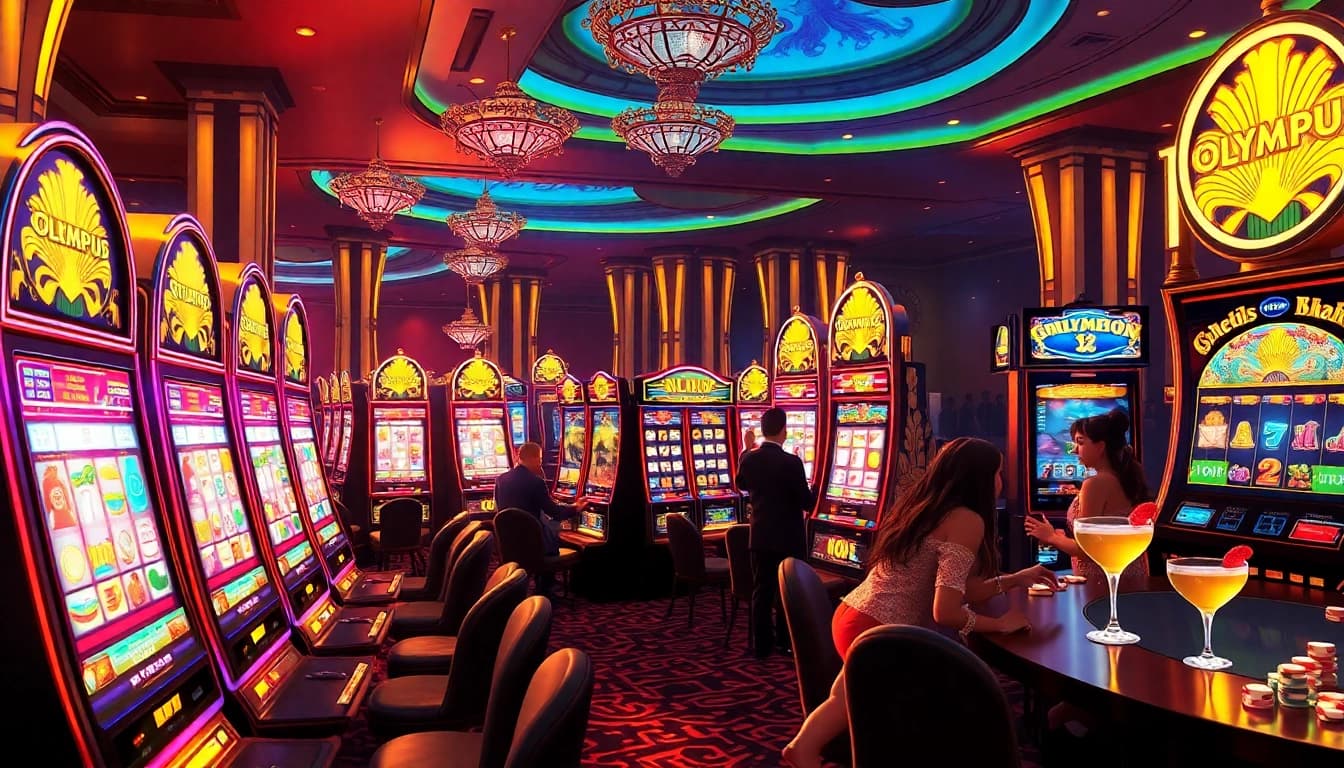 Excited players engaging with the vibrant slot olympus machines in a luxurious casino setting.