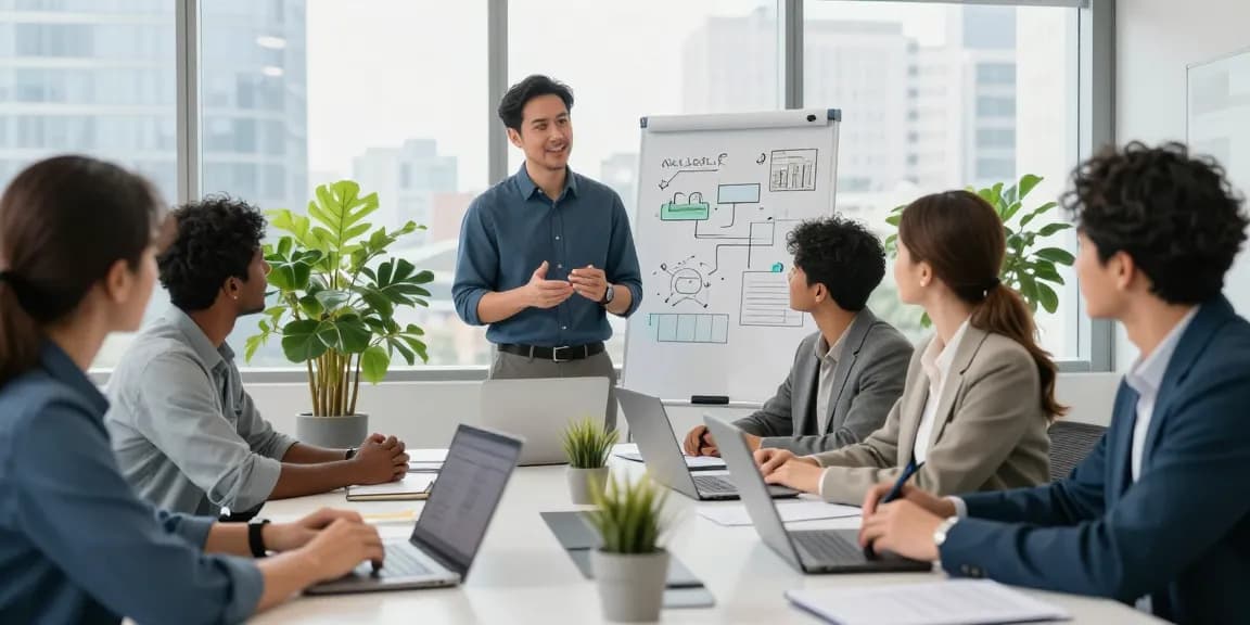 Collaborative team discussing how to buy a small business in a modern office