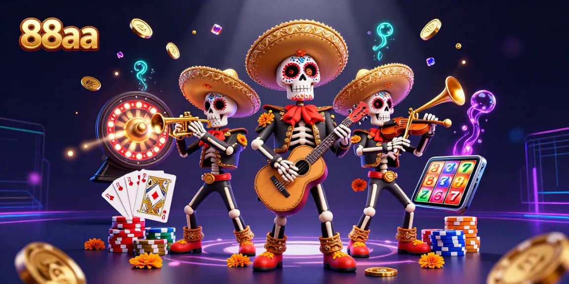 Experience the excitement of 88aa with a vibrant casino scene featuring a lively mariachi band, gold coins, and slot games.
