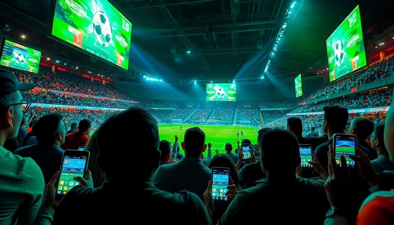 Kèo nhà cái updates in a vibrant sports betting scene with excited fans watching a football match.