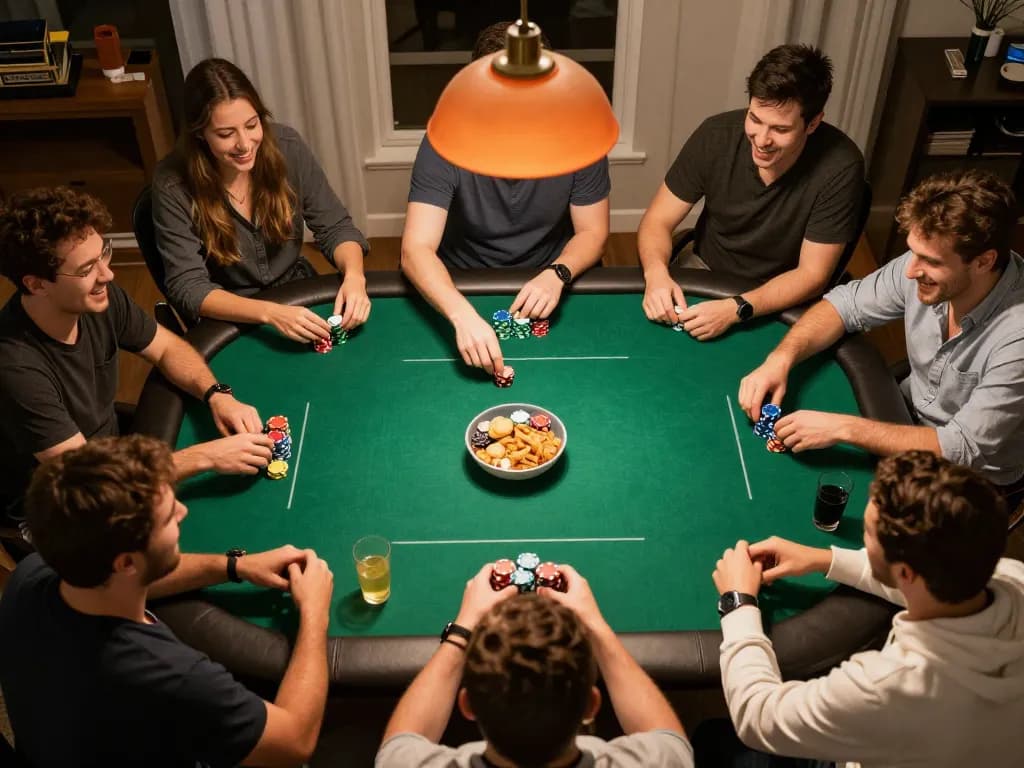 Friends engaging actively in a lively poker night at home, showcasing the thrill of social betting with lu88 com at the center.