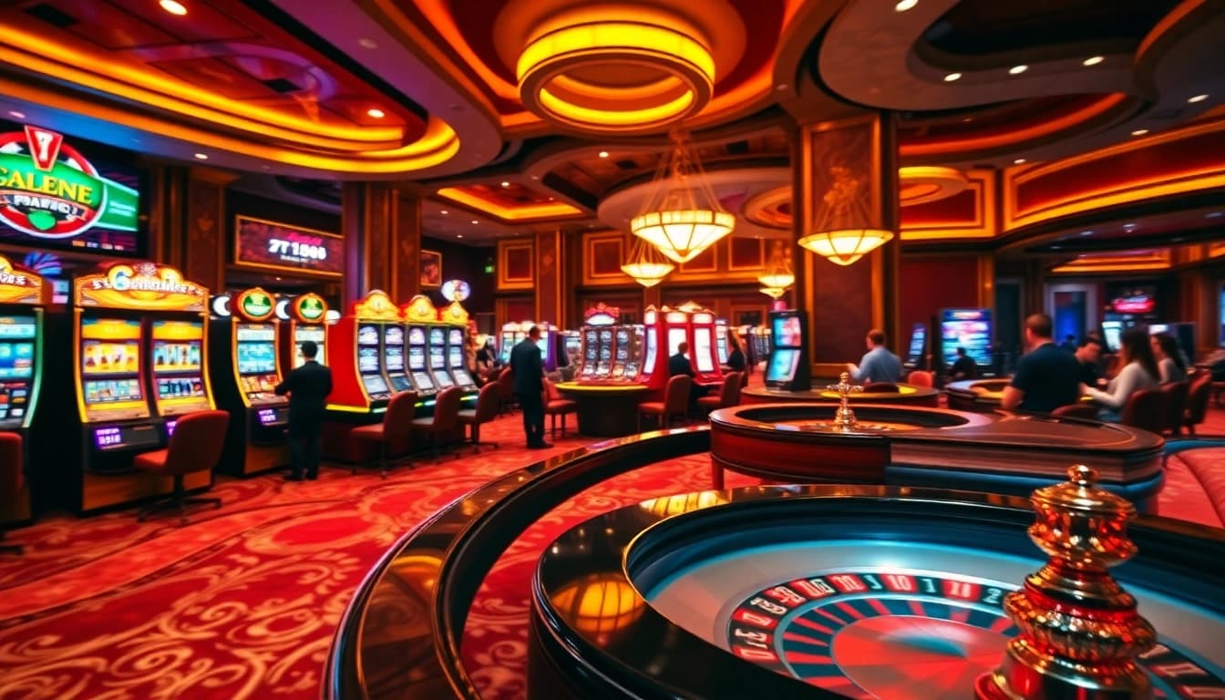 C168 casino scene showcasing players at a gaming table and vibrant slot machines.