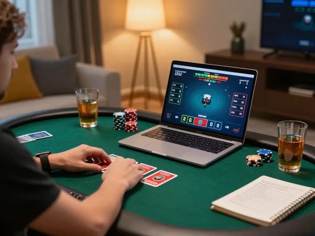Person playing poker on say88 platform, showcasing strategic online gambling setup with cozy ambiance.