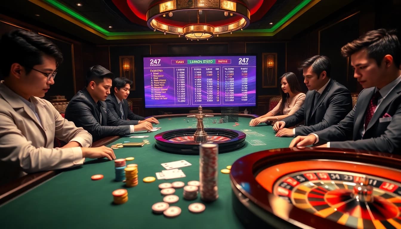Engaged players analyzing soi cầu 247 predictions at a vibrant casino table amidst an exciting gambling atmosphere.