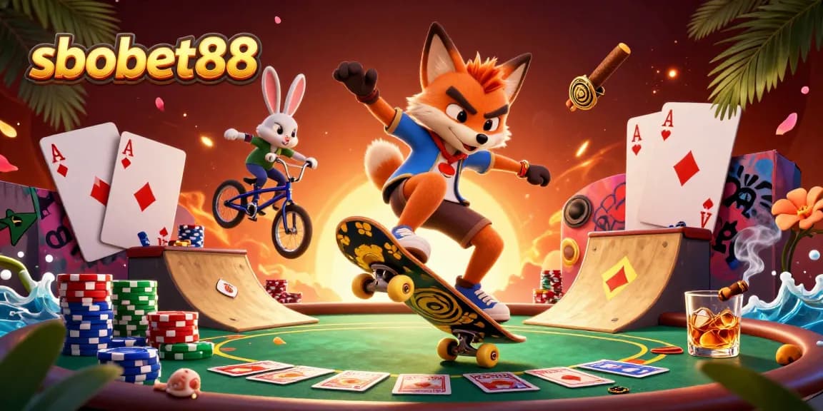 Experience the thrill of sbobet88 with a vibrant scene of a skateboarder fox and BMX rabbit in an online casino.