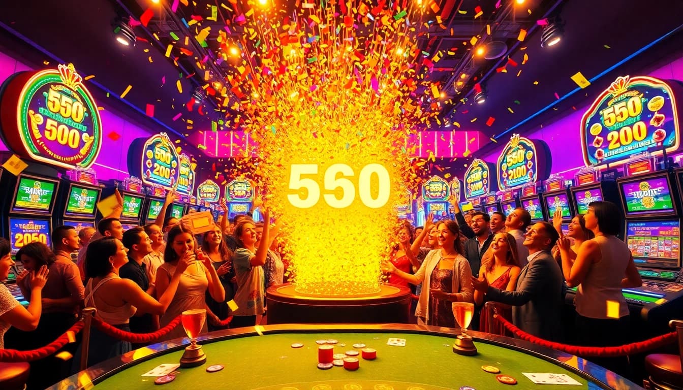 Explosion of a prize-winning lottery celebrated with cheers at a vibrant casino scene.