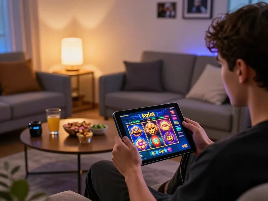 Engaging with kdslots gameplay on a tablet in a cozy home setting.