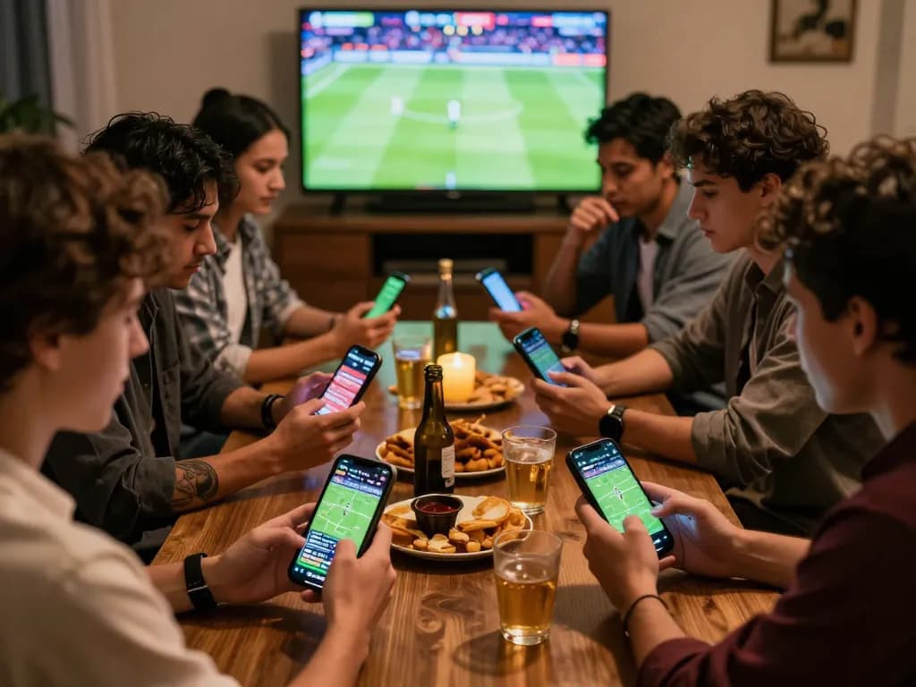 Friends engaging in sports betting using the 88aa bet app during a lively home gathering.