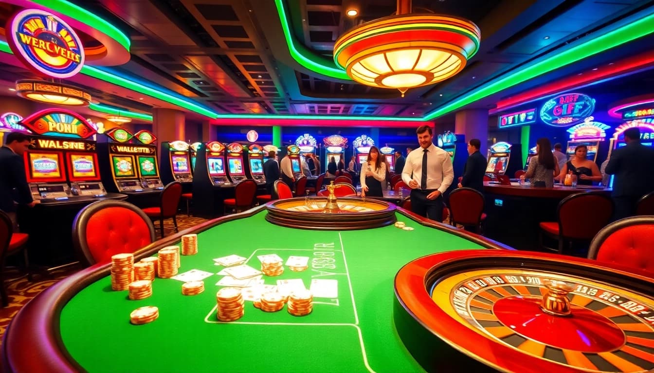 Excited players enjoy a vibrant casino at 6FF with colorful slot machines and a friendly dealer.