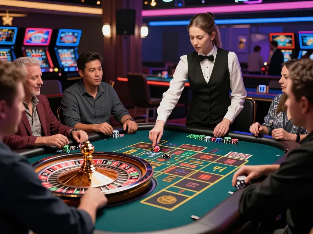 Players enjoying action on a cucu777 roulette table with a professional dealer in a vibrant casino atmosphere.