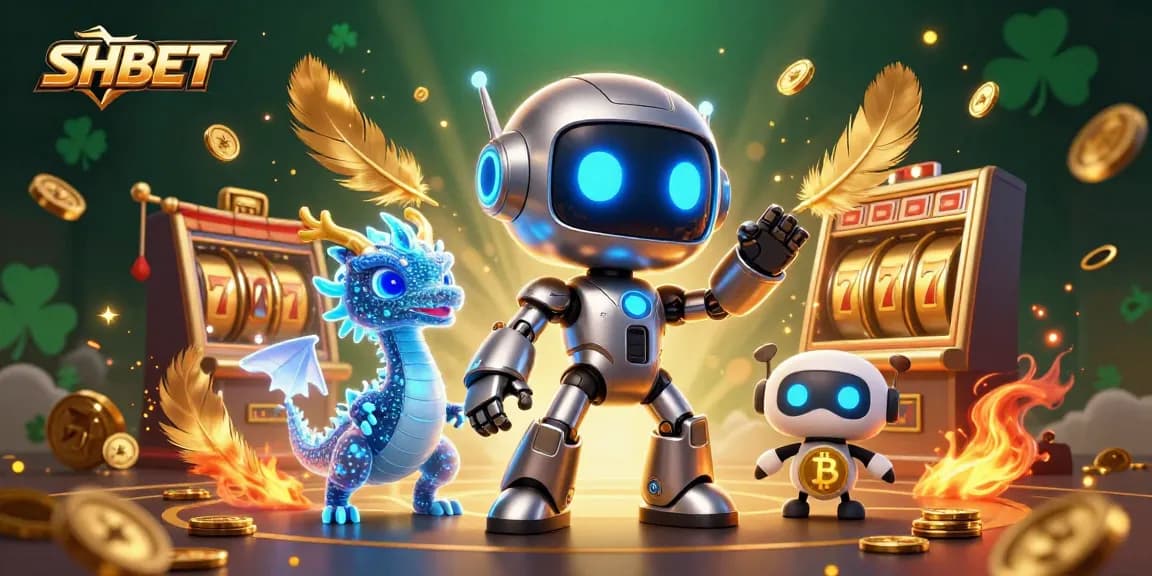 SHBET's engaging 3D scene showcases a cyberpunk mascot, AI dragon, and bitcoin drone surrounded by casino elements.