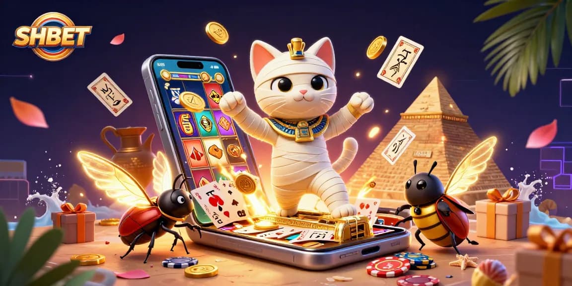 Engage with SHBET in an immersive casino adventure featuring vibrant characters amidst golden coins and dynamic slots.