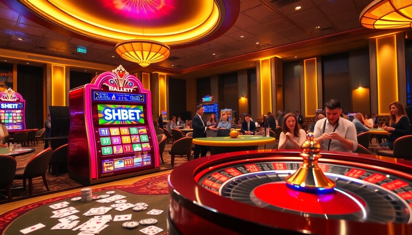 Experience the excitement of SHBET with players at a vibrant casino table surrounded by luxury elements.