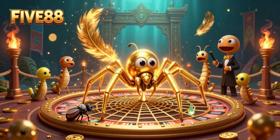 Experience the vibrant gaming scene at FIVE88 with a cartoon spider and engaging characters