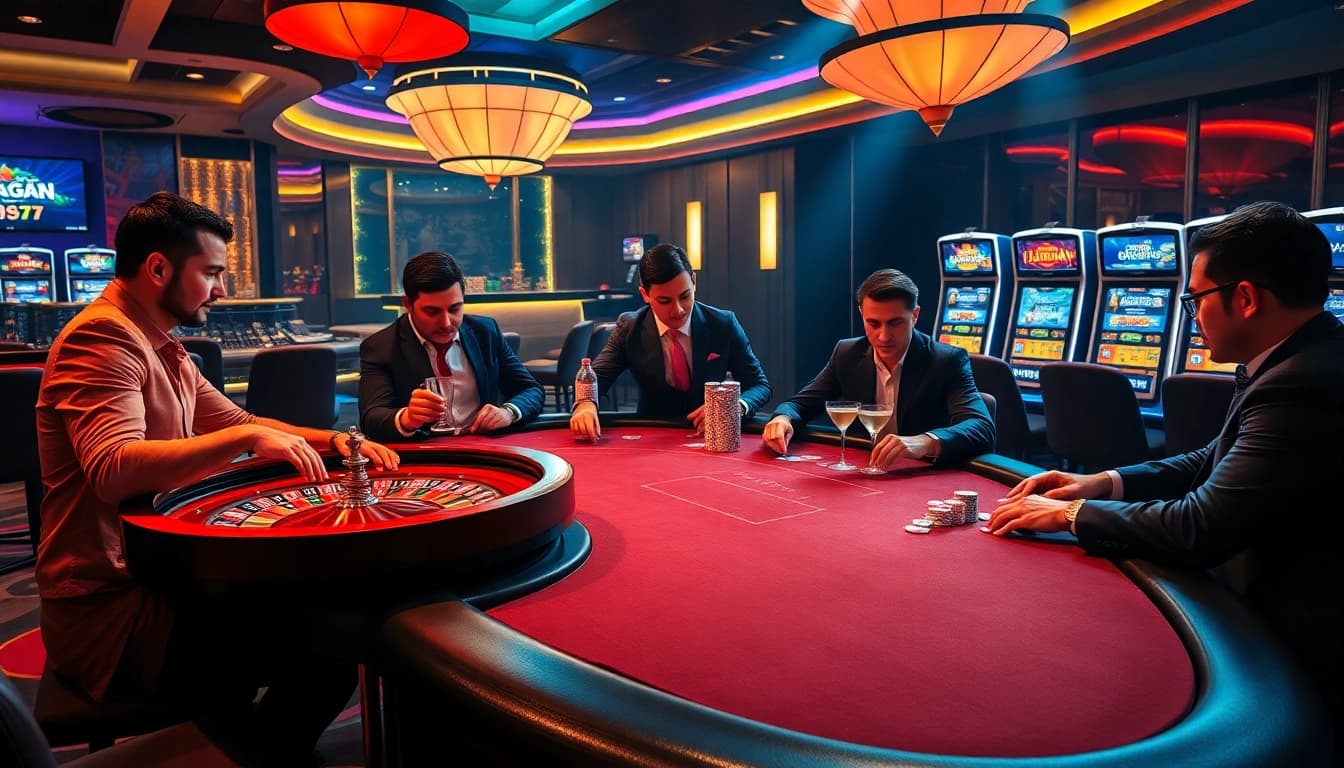 Engage with juragan77 in a vibrant casino scene featuring high-stakes poker and luxury elements.