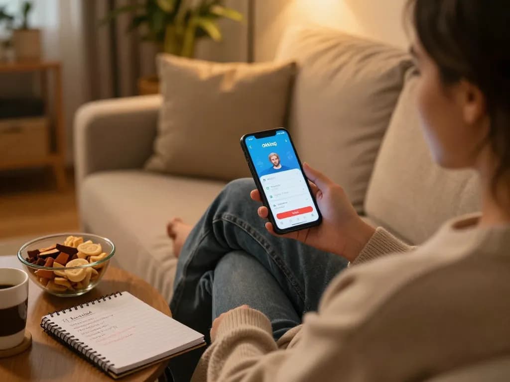 Engaging with the okking app on a smartphone at home, showcasing responsible gaming in a cozy environment.
