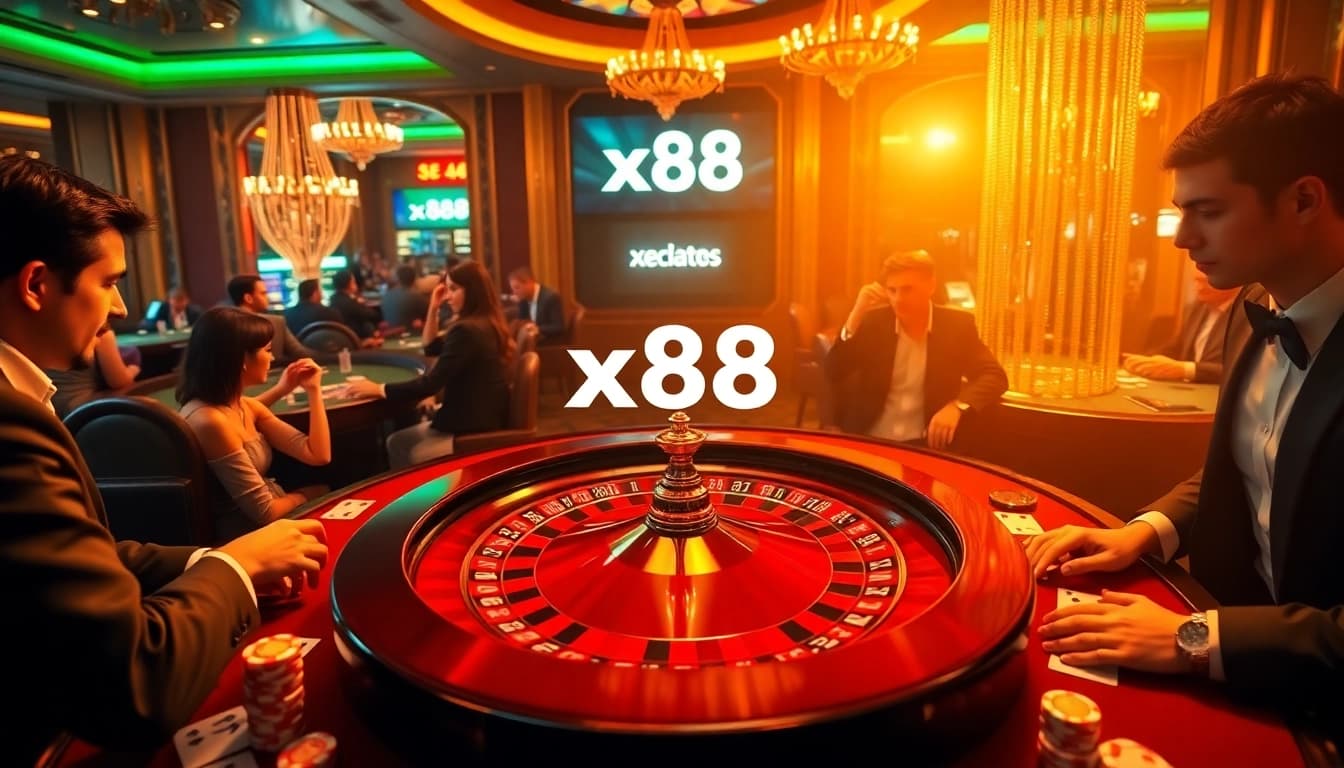 X88 casino scene showcasing players engaged in high-stakes gambling with poker chips and roulette wheel.