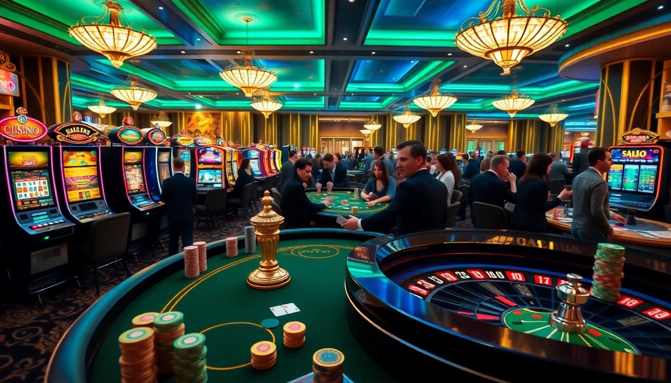 SODO CASINO players engaged in thrilling card games surrounded by vibrant slot machines.