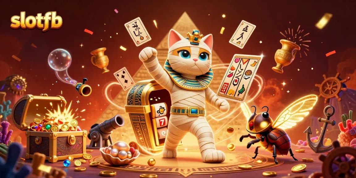 Slotfb menghadirkan keseruan dalam permainan dengan ilustrasi kucing mummy dan scarab di kasino futuristik.