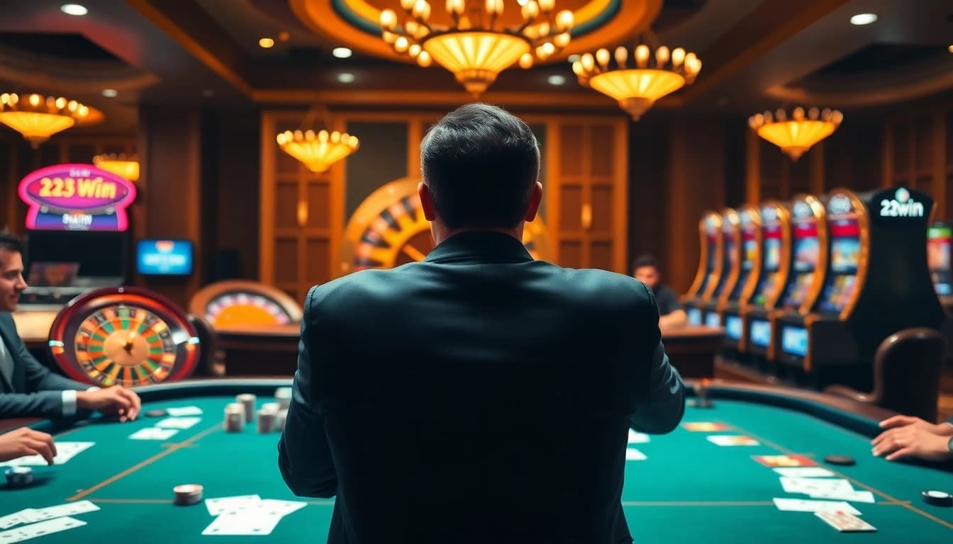 Experience excitement at 23win casino with vibrant poker tables and lively slot machines.