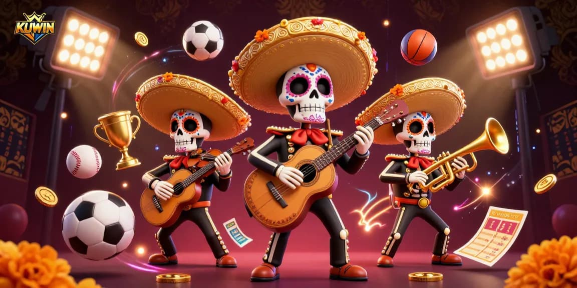 Bet on excitement with KUWIN as a colorful mariachi band entertains in a 3D casino scene.