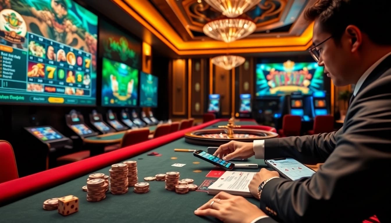 Professional dealer handling cards and chips in a Nhà cái uy tín casino environment with live betting screens