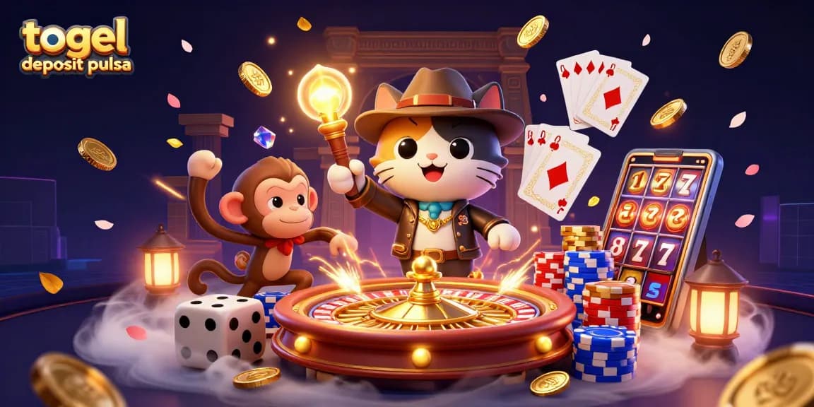 Engage in togel deposit pulsa experiences with engaging characters in a dynamic casino scene.