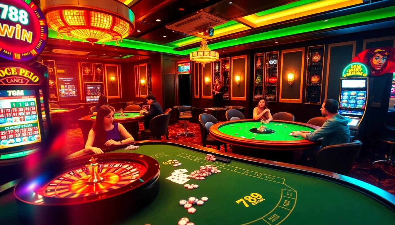 Experience the thrill of the 789 Win casino, showcasing intense poker action and vibrant slot machines.