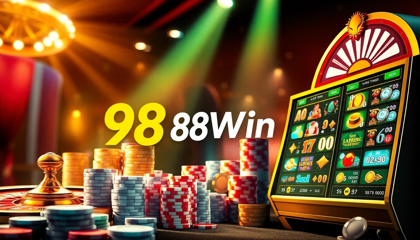 Experience the thrill of 98Win with luxurious casino elements, including cards and roulette wheels.