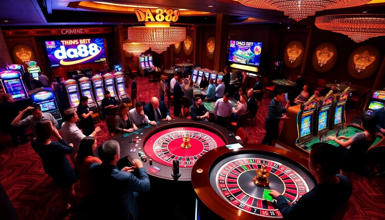 Players enjoying a high-stakes game at a luxurious casino featuring da88 themed roulette.