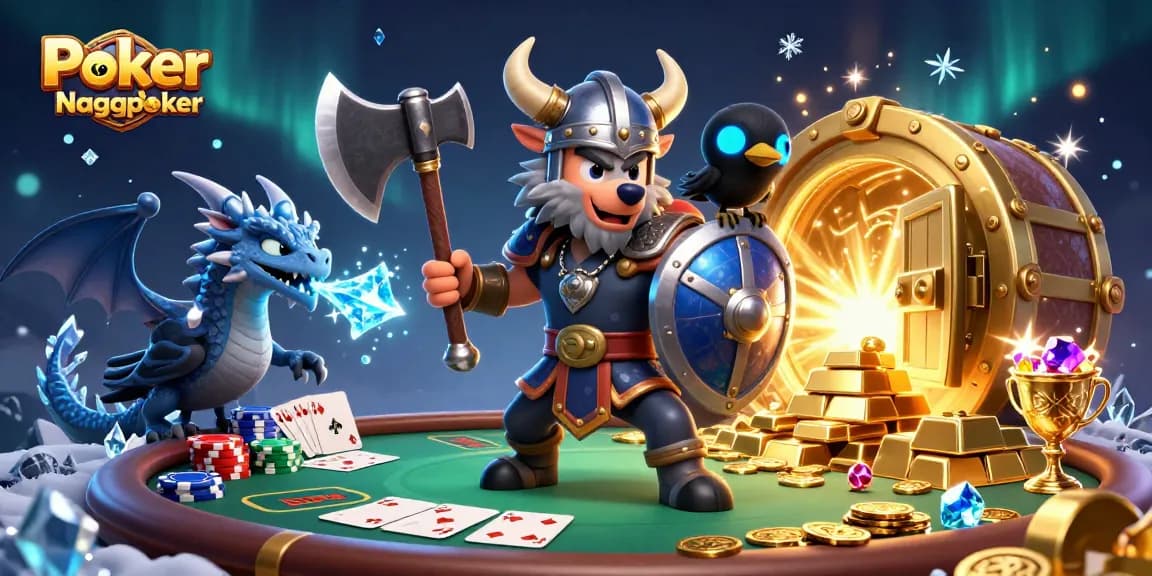 Engage in Poker Online Uang Asli Nagapoker with a vivid 3D illustration of a Viking wolf warrior, dragon, and treasures.