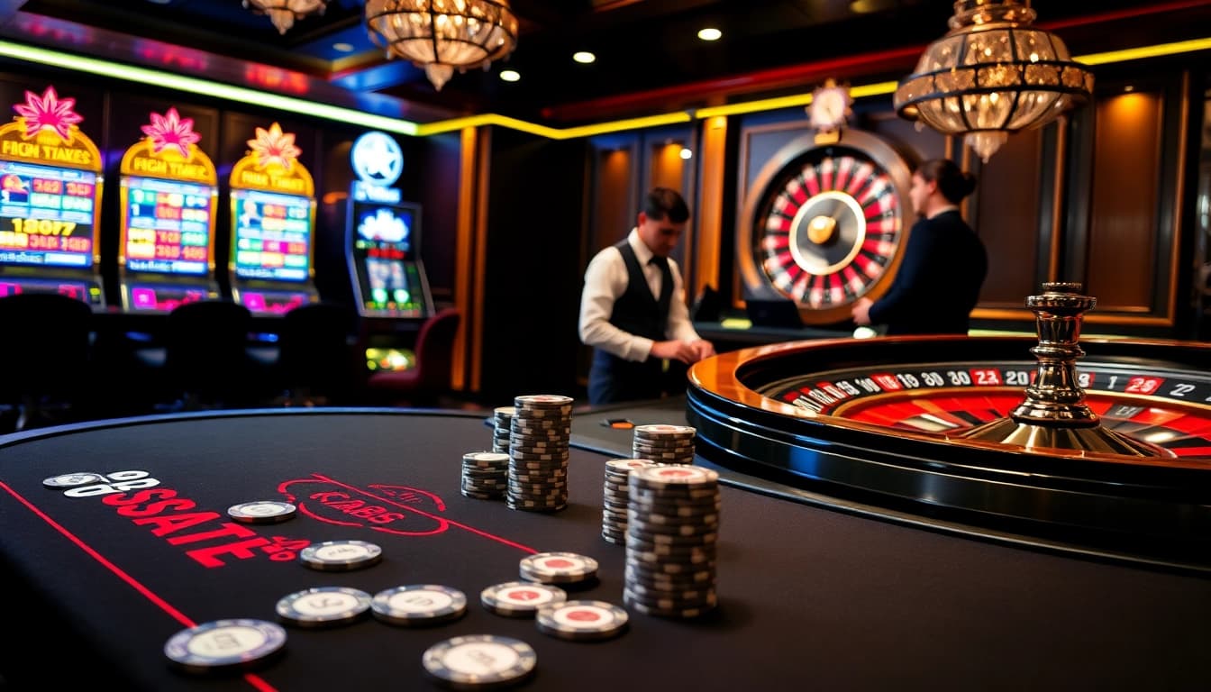 Exciting poker game at RR88 casino with vibrant chips and cards, inviting high-stake gamblers.