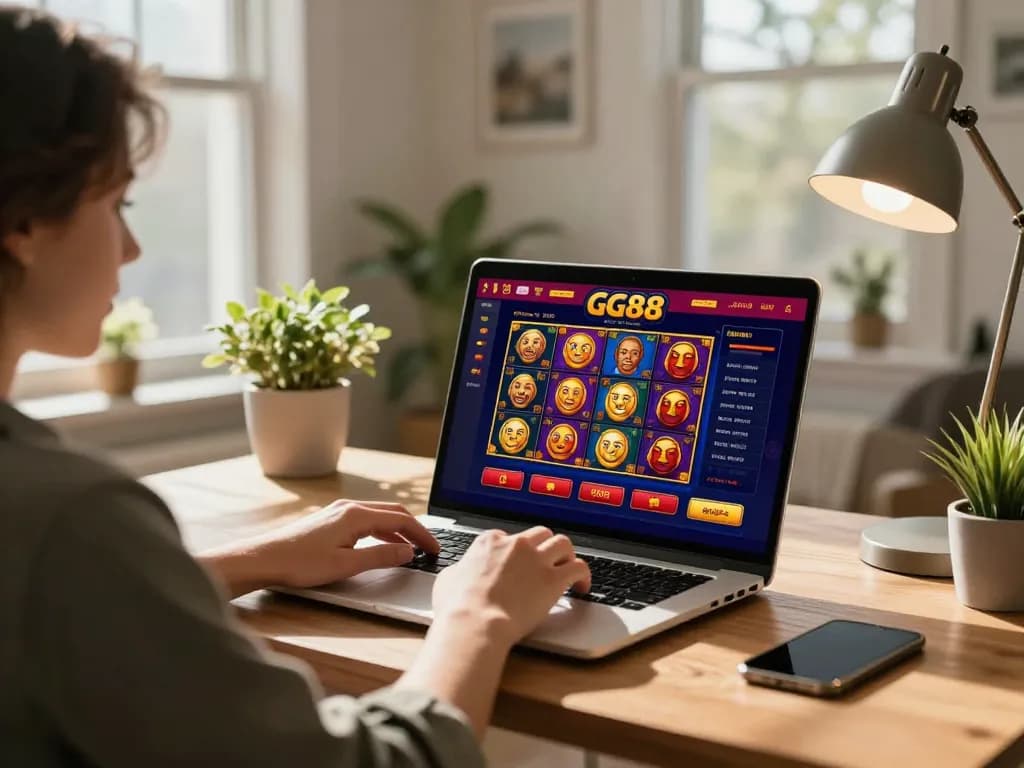 Gamer engaging with the GG88 online casino interface in a stylish home setting.