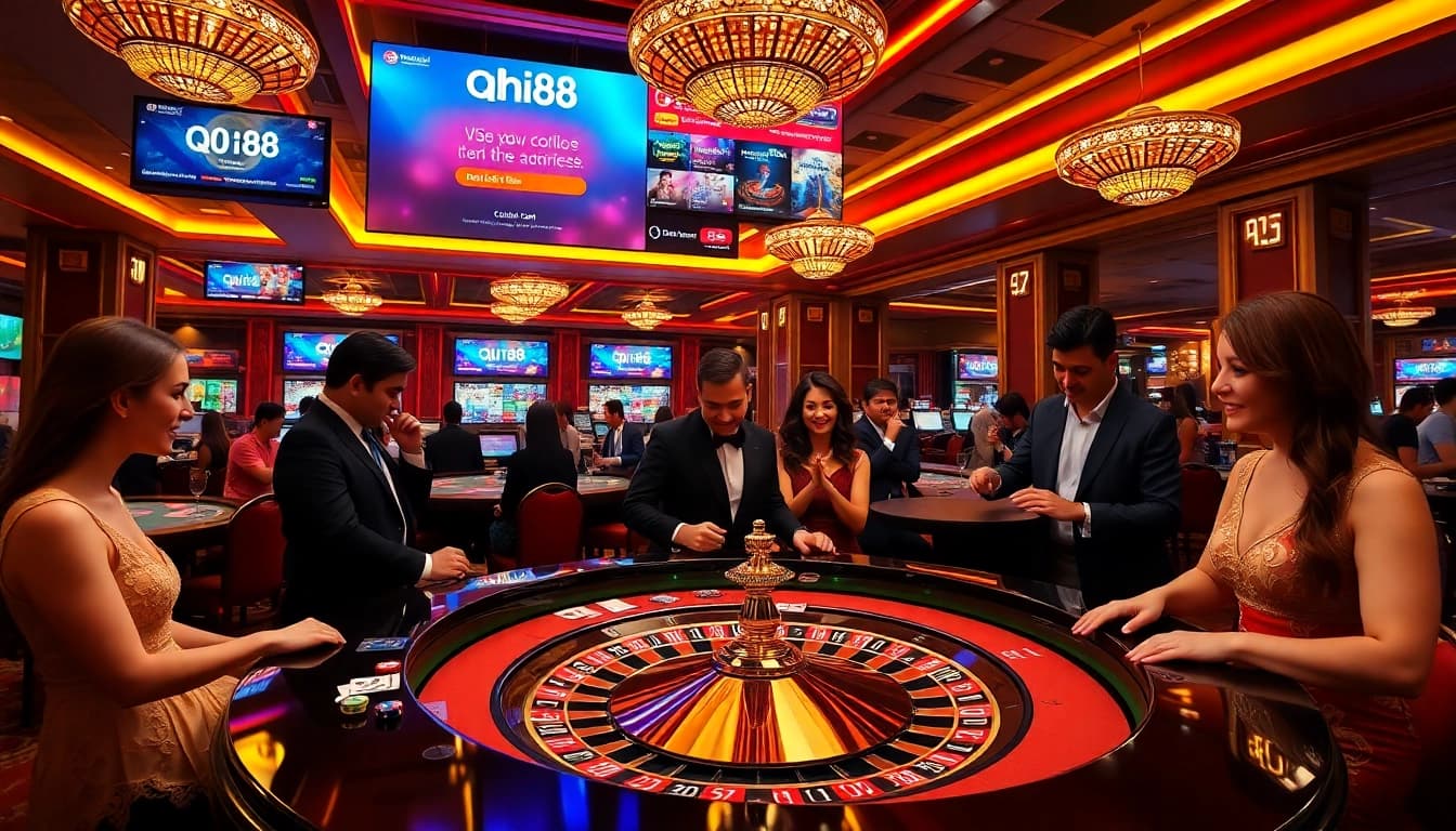 Experience the thrill of gaming at qh88's luxurious casino table with vibrant poker chips and cards.