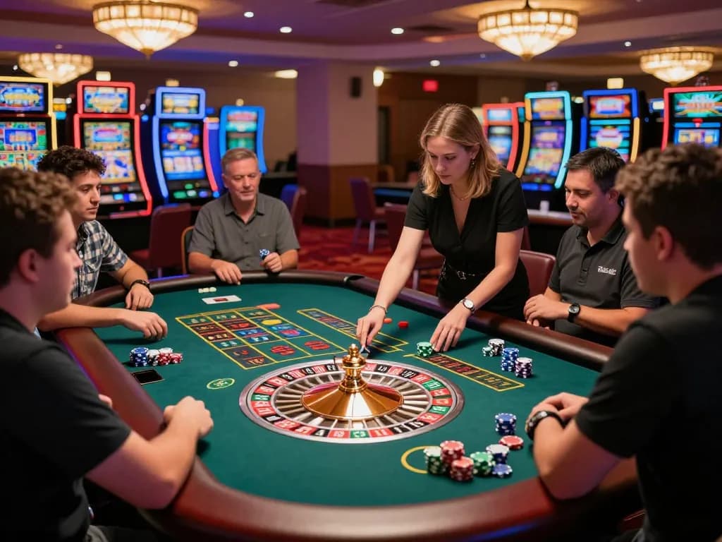 Players engaged in intense gambling at MM88 casino roulette table, vibrant atmosphere and dynamic action.