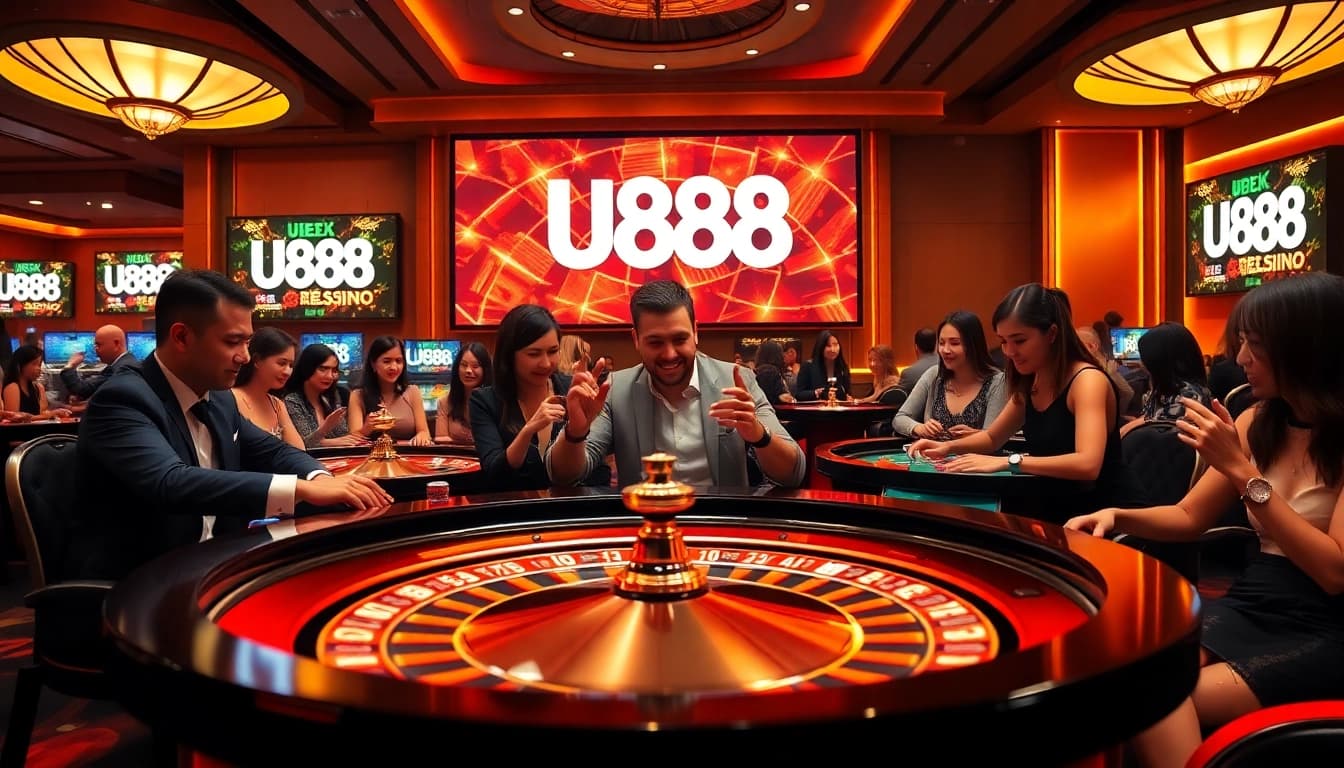 Players enjoying a high-stakes game at U888's luxurious casino, showcasing excitement and strategy.