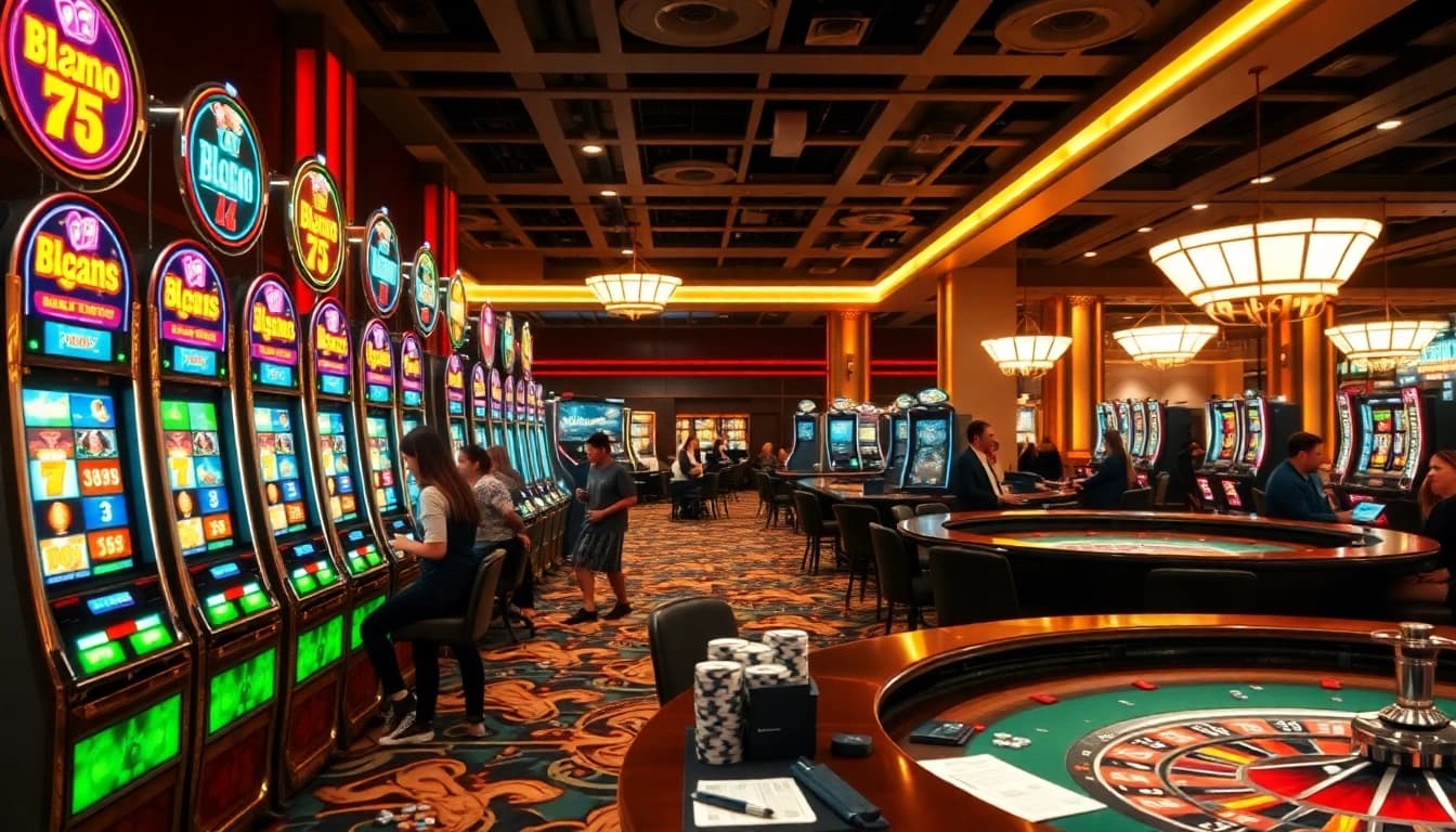 Players enjoying slot gacor bonus besar at a vibrant casino, showcasing excitement and anticipation.