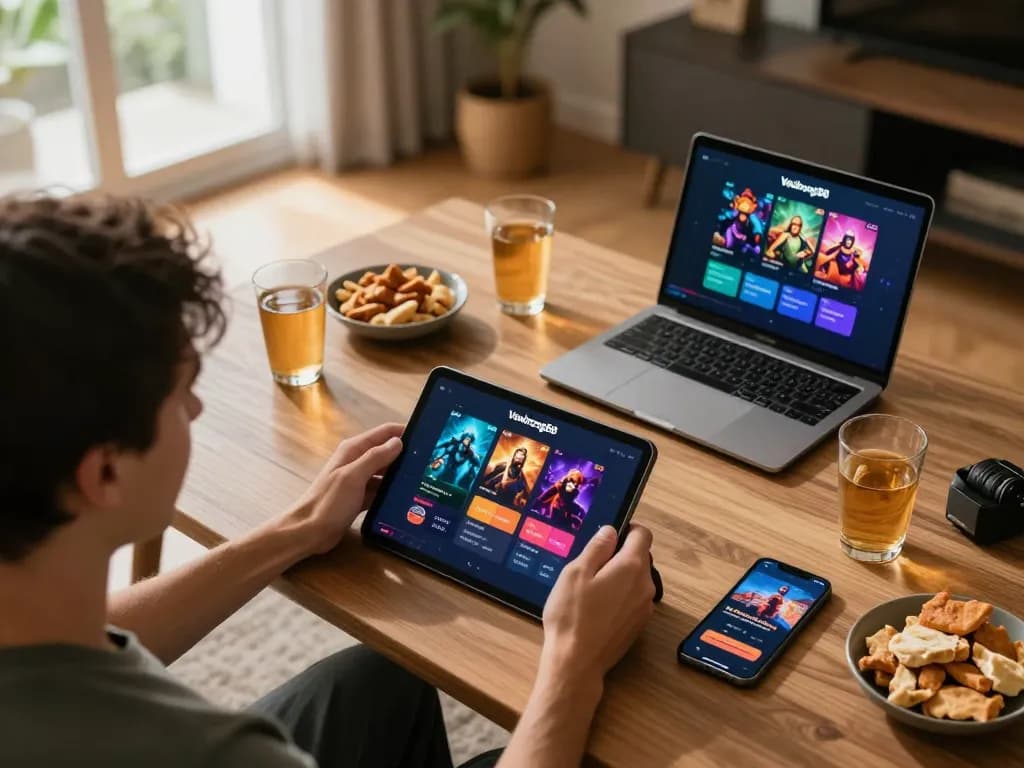 Engaging gameplay on the Vaobong88 casino app from a stylish home setup with snacks and drinks
