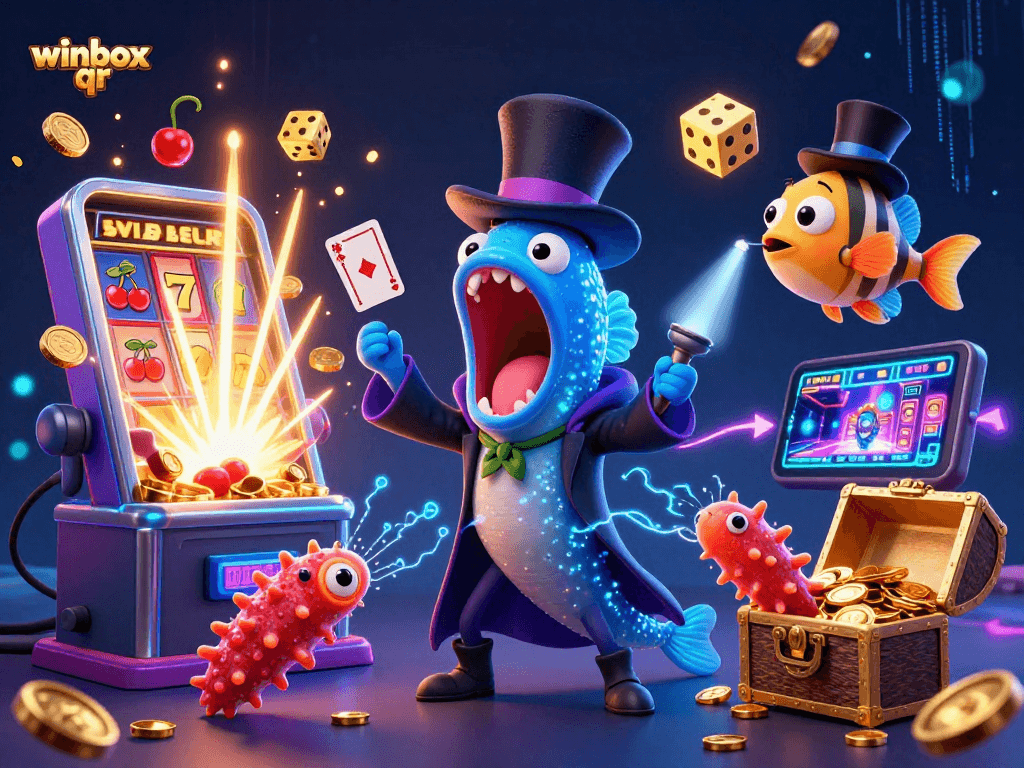 Engage with winbox qr in a vibrant 3D scene showcasing animated sea creatures performing exciting magic tricks.
