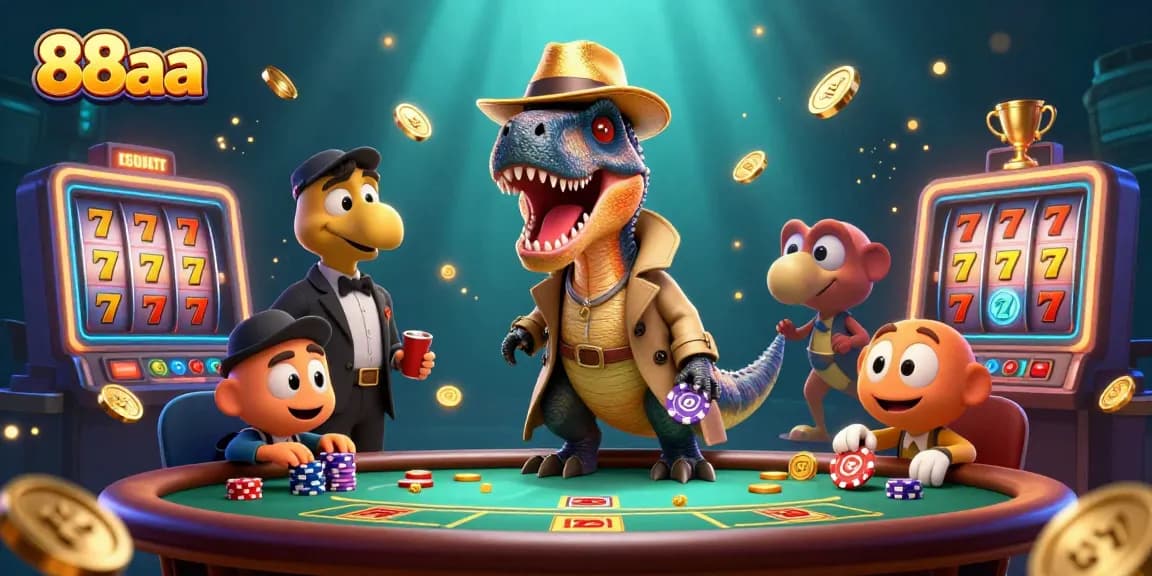 88aa players enjoying an exciting blackjack scene with vibrant cartoon dinosaurs and casino elements.